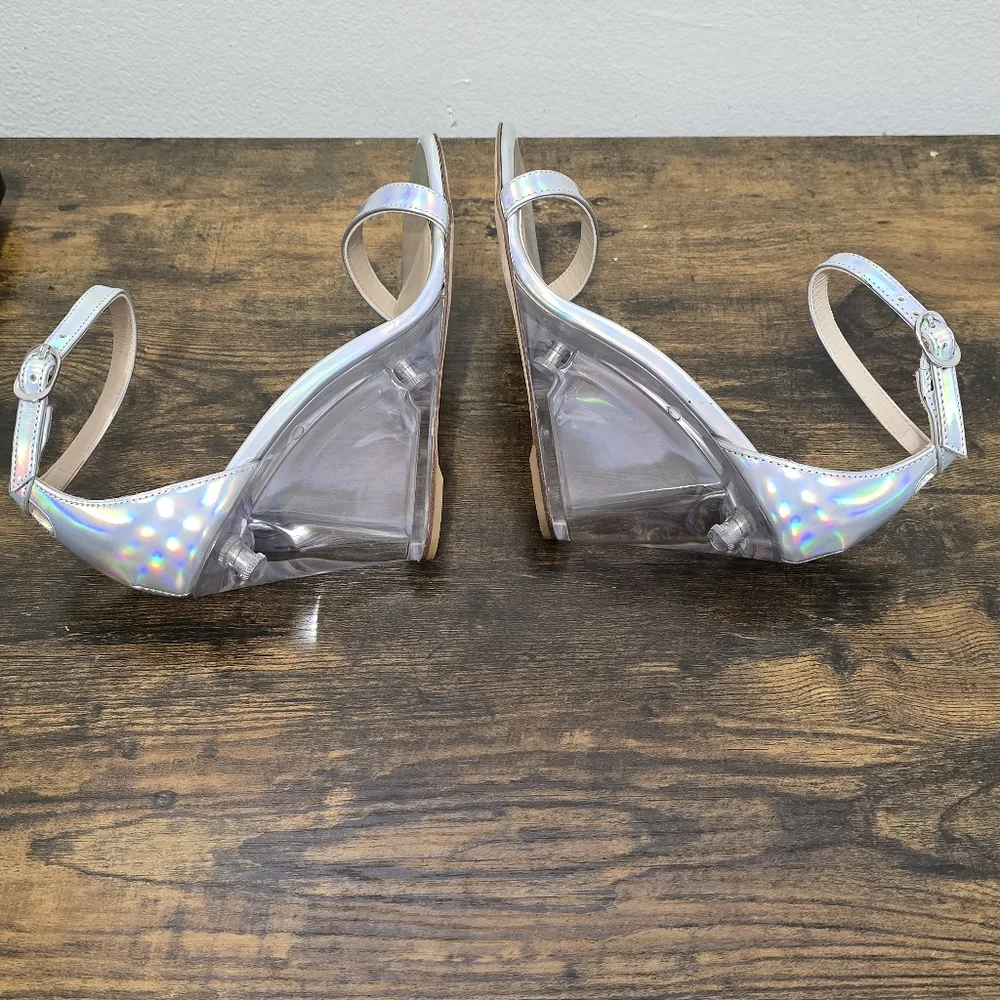 Stuart Weitzman Silver Nudist Lucite Iridescent Clear Wedge Sandal Size 7 - Picture 9 of 15